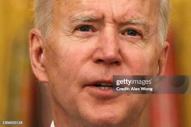 President Joe Biden delivers remarks on International Women’s Day during an announcement at the East Room of the White House March 8, 2021 in...