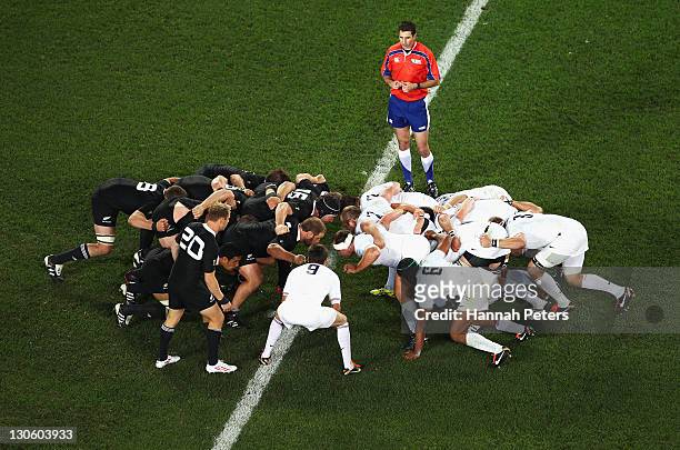 The teams scrummage during the 2011 IRB Rugby World Cup Final match between France and New Zealand at Eden Park on October 23, 2011 in Auckland, New...