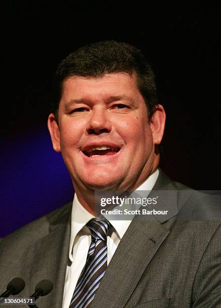 Australian businessman James Packer speaks during the launch of the upgraded and expanded Mahogany Room at the Crown casino on October 27, 2011 in...