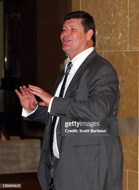 Australian businessman James Packer gestures during the launch of the upgraded and expanded Mahogany Room at the Crown on October 27, 2011 in...