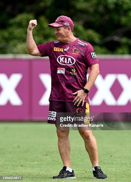 Coach Kevin Walters gives a smile as he directs his players during a Brisbane Broncos NRL training session at Clive Berghofer Field on March 09, 2021...