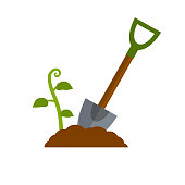Shovel. Digging hole. Harvest. Pile of earth. Wood brown tool. Cartoon flat illustration. Element of farms and villages