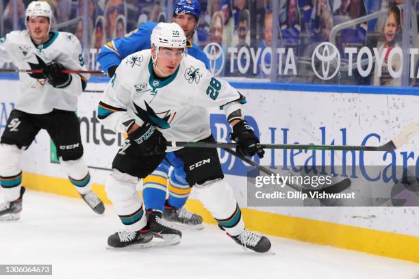 Timo Meier of the San Jose Sharks skates against the St. Louis Blues at Enterprise Center on February 20, 2021 in St Louis, Missouri.