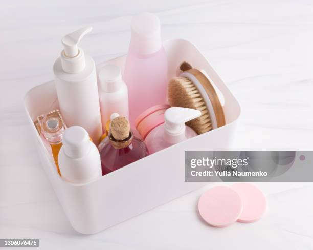 beauty box set, bottles of cosmetics - cosmetics box stock pictures, royalty-free photos & images