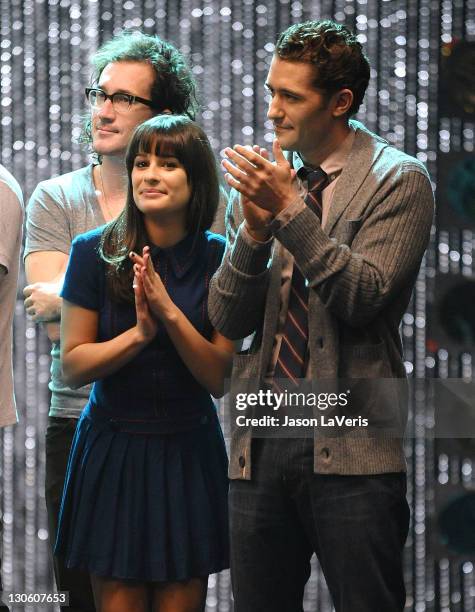 Actress Lea Michele and actor Matthew Morrison attend the "GLEE" 300th musical performance special taping at Paramount Studios on October 26, 2011 in...