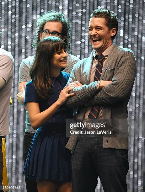 Actress Lea Michele and actor Matthew Morrison attend the "GLEE" 300th musical performance special taping at Paramount Studios on October 26, 2011 in...