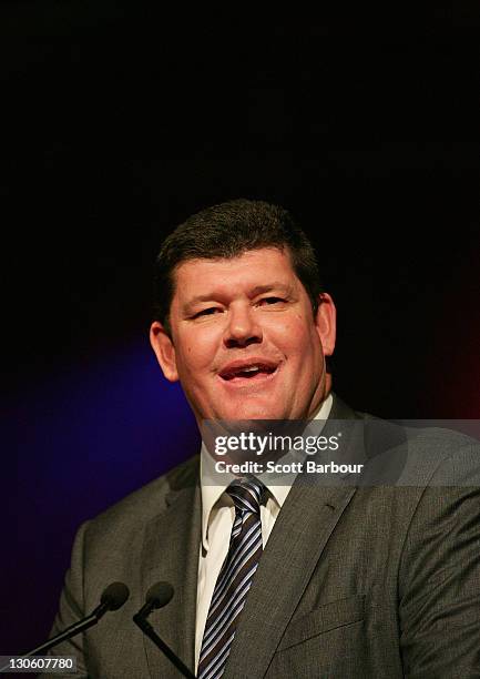 Australian businessman James Packer speaks during the launch of the upgraded and expanded Mahogany Room at the Crown on October 27, 2011 in...