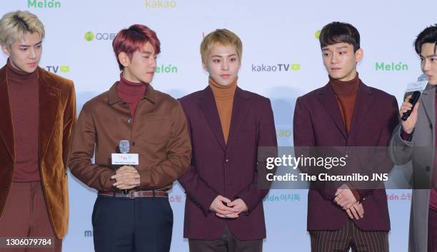 Sehun, Baekhyun, Xiumin, Chen, Suho of EXO attend the 2016 Melon Music Awards at Gocheok Sky Dome on November 19, 2016 in Seoul, South Korea.