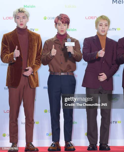 Sehun, Baekhyun, Xiumin of EXO attend the 2016 Melon Music Awards at Gocheok Sky Dome on November 19, 2016 in Seoul, South Korea.