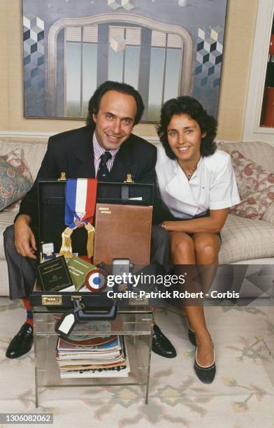 French businessman, politician, and composer Olivier Dassault at home with his wife Carole. Dassault, who owns Dassault Falcon Service, is the...