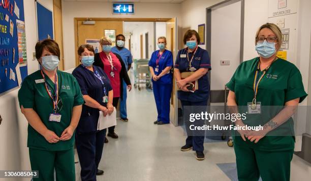 Lead nurse Dianne Ridley poses with some of her nursing staff working in the Minor Injuries Department at Nevill Hospital on March 08, 2021 in...