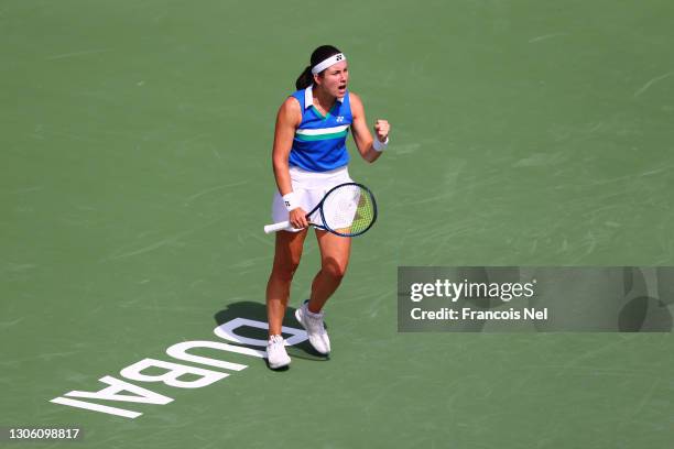 Anastasija Sevastova of Latvia celebrates after winning the second set in her Round Two match against Karolina Pliskova of The Czech Republic during...