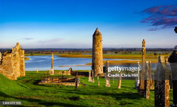 clonmacnoise on the shannon in county offaly, ireland - shannon river stock pictures, royalty-free photos & images