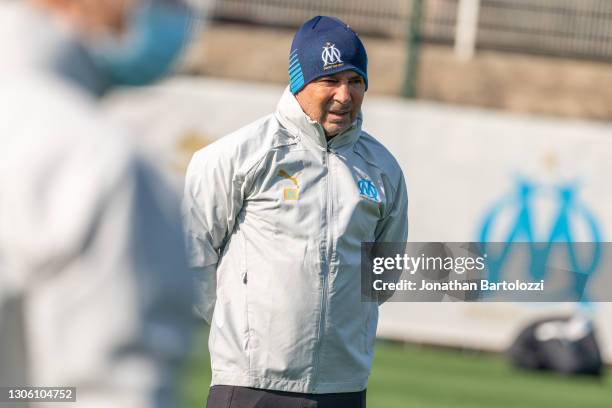 Jorge Sampaoli during an Olympique de Marseille training session at Centre Robert-Louis Dreyfus on March 09, 2021 in Marseille, France.