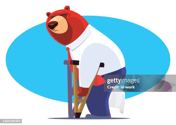 injured businessman bear with crutches - limping stock illustrations