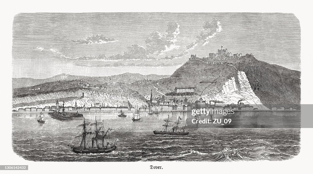 Historical view of Dover, Kent, England, wood engraving, published 1893
