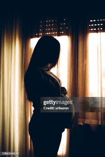 silhouette of a pregnant woman by the window - pregnant belly stock pictures, royalty-free photos & images