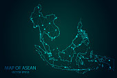 Map of Southeast Asia - With glowing point and lines scales on the dark gradient background, 3D mesh polygonal network connections