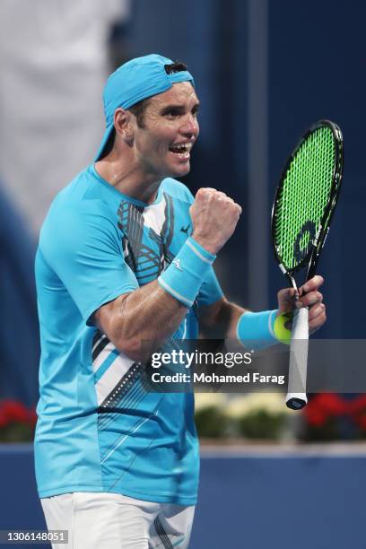 Malek Jaziri of Tunisia celebrates victory after winning his Round One match against Norbert Gombos of Slovakia during Day Two of the Qatar...
