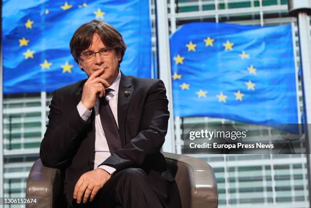 The former president of the Generalitat de Catalunya Carles Puigdemont after a plenary session in the European Parliament in which the European...