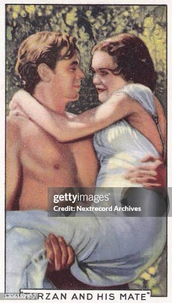 Collectible tobacco or cigarette card, 'Shots from Famous Films' series, published in 1935 by Gallaher Ltd, here actors Johnny Weissmuller and...