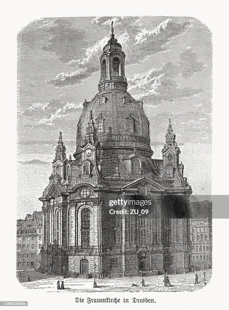 Historical view of the Dresden Frauenkirche, Germany, woodcut, published 1893