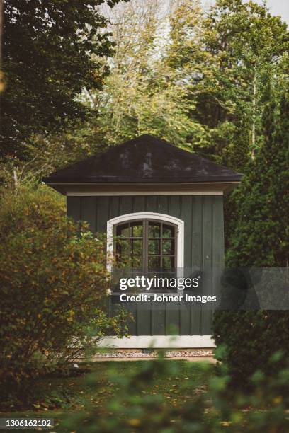 wooden shed among trees - cabana estrutura construída imagens e fotografias de stock