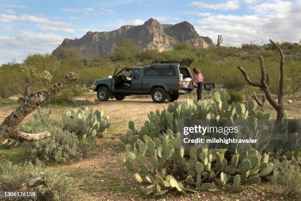 frau lkw camping sonoran desert picketpost mountain tonto national forest arizona - campingwagen stock-fotos und bilder