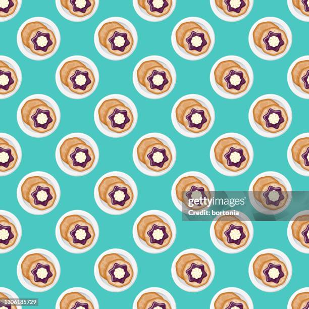 jam and whipped cream pancake pattern - pancakes with blueberry sauce stock illustrations