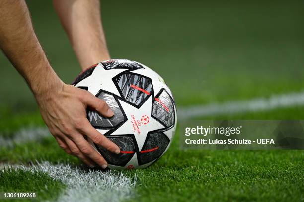 The Adidas Finale Istanbul match ball is placed on the corner spot during the UEFA Champions League Round of 16 match between Borussia Dortmund and...