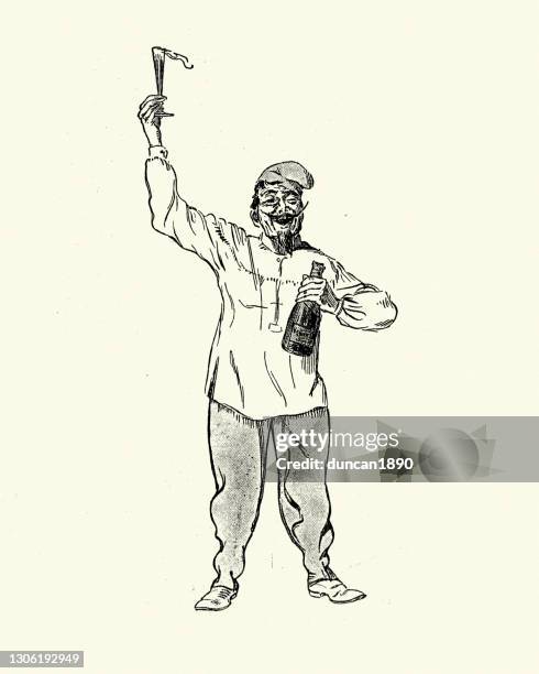 cheerful merry man drinking champagne, victorian 19th century - drinking champagne stock illustrations