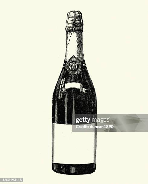 ilustraciones, imágenes clip art, dibujos animados e iconos de stock de ilustración de una botella de champán - bottle illustration vintage