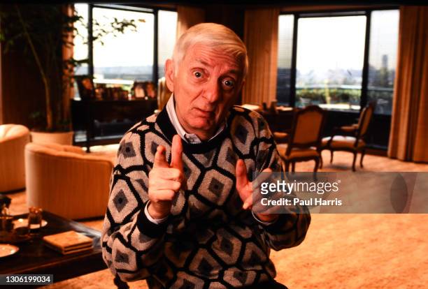 Aaron Spelling, television producer, famous for shows 90210 that his daughter starred in and Dynasty in his Wilshire Boulevard office June 12, 1990...