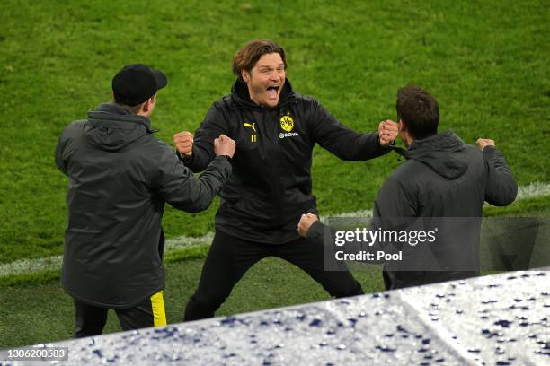 Edin Terzic, Head Coach of Borussia Dortmund celebrates victory after the UEFA Champions League Round of 16 match between Borussia Dortmund and...