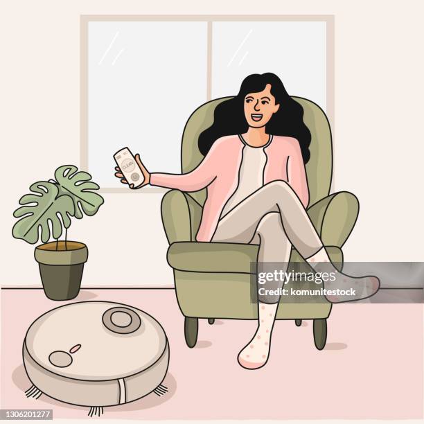 robot vacuum cleaner cleaning the room, vector illustration - smart home cartoon stock illustrations