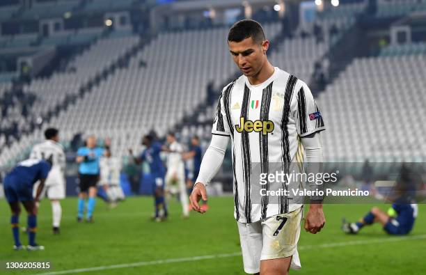 Cristiano Ronaldo of Juventus looks dejected during the UEFA Champions League Round of 16 match between Juventus and FC Porto at Juventus Arena on...