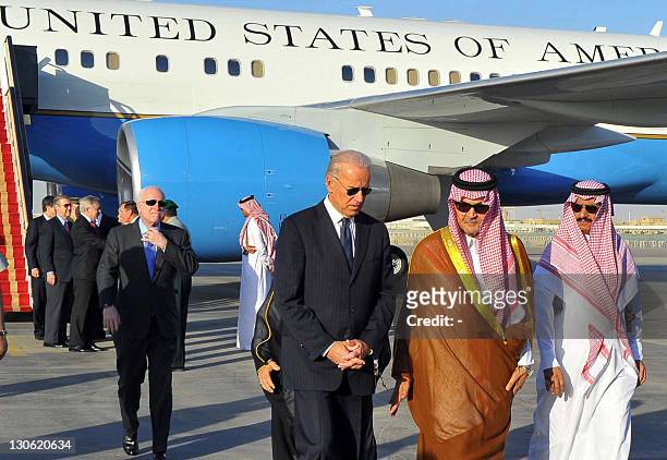Saudi Foreign Minister Prince Saud al-Faisal welcomes US Vice President Joe Biden at the Riyadh airbase on October 27 upon his arrival in the Saudi...