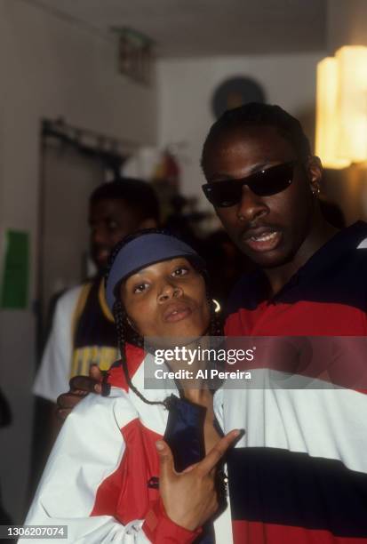 Rapper Lin Que appears in a portrait taken backstage with Pete Rock when she performs at Clinton Studios on May 10,1995 in New York City.