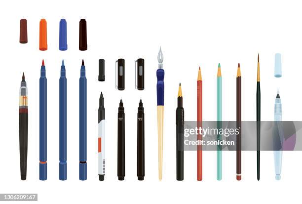 drawing pens and brushes - coloured pencils stock illustrations