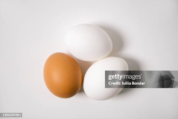 three eggs on white background - clara de huevo fotografías e imágenes de stock