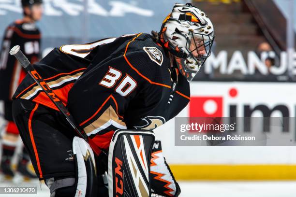 Goaltender Ryan Miller of the Anaheim Ducks looks on during warm-up before the game against the Los Angeles Kings at Honda Center on March 8, 2021 in...