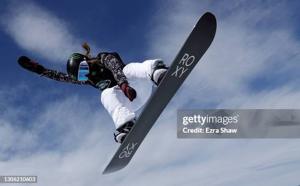 Chloe Kim of the United States takes a practice run for the women's snowboard halfpipe event during a training day for the Aspen 2021 FIS Snowboard...