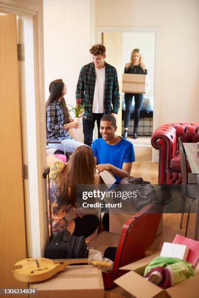 students moving into accommodation - shared living room stock pictures, royalty-free photos & images