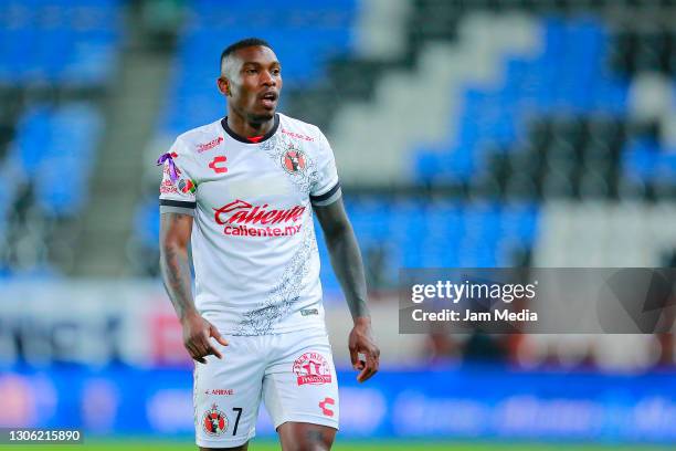 Fabian Castillo of Tijuana looks on during the 10th round match between Pachuca and Club Tijuana as part of the Torneo Guard1anes 2021 Liga MX at...