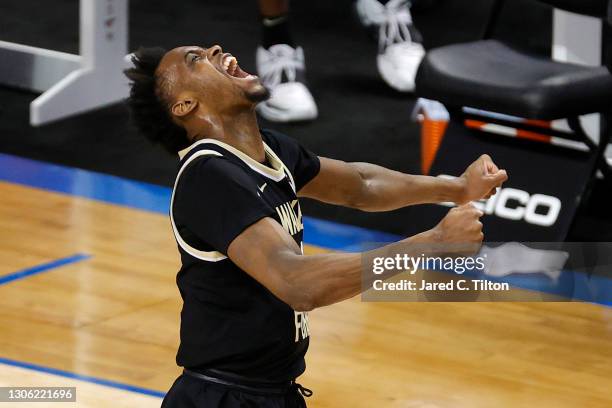 Isaiah Mucius of the Wake Forest Demon Deacons reacts following a basket and a foul called during the second half of their first round game against...