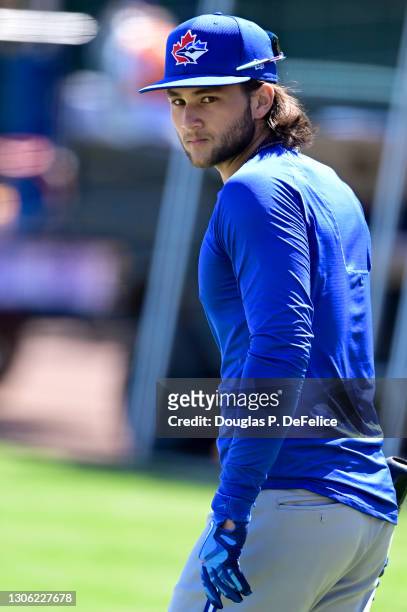 Bo Bichette of the Toronto Blue Jays looks on prior to the game against the Detroit Tigers during a spring training game at Publix Field at Joker...