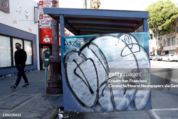 Graffiti on the Above Ground vegan pub parklet on Mission Street in San Francisco, Calif., on Monday, March 8, 2021. One county supervisor is seeking...