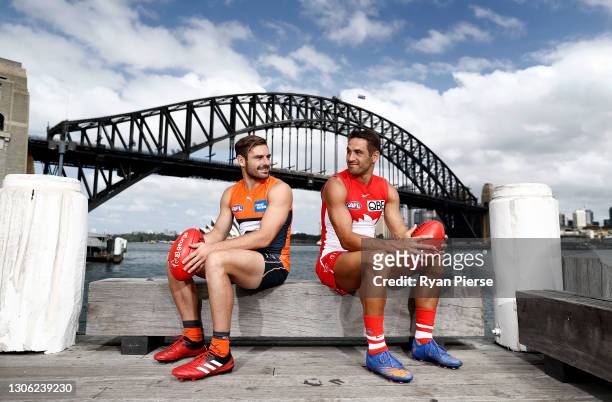 Stephen Coniglio of the Giants and Josh P. Kennedy of the Swans , pose during the 2021 AFL Captain's Day on March 10, 2021 in Sydney, Australia.