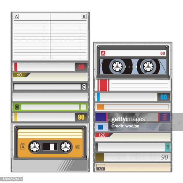 stapel von tonkassetten in plastikboxen mit karteikarten - audio cassette stock-grafiken, -clipart, -cartoons und -symbole