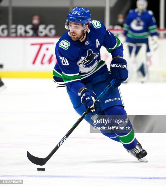 Brandon Sutter of the Vancouver Canucks skates up ice during their NHL game against the Montreal Canadiens at Rogers Arena on March 8, 2021 in...